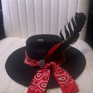 Black Feathered Women's Hat with Red Bandana Accent
